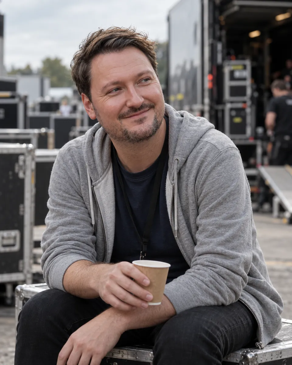 Benny Hermann mit einem Kaffee auf einem Flightcase hinter der Bühne